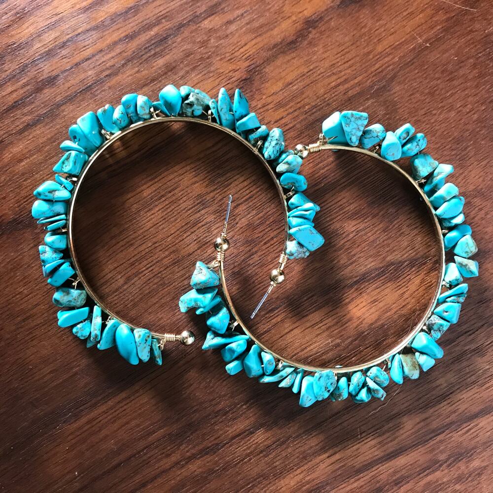 Huge artisan semiprecious dyed howlite chip semi-hoop earrings